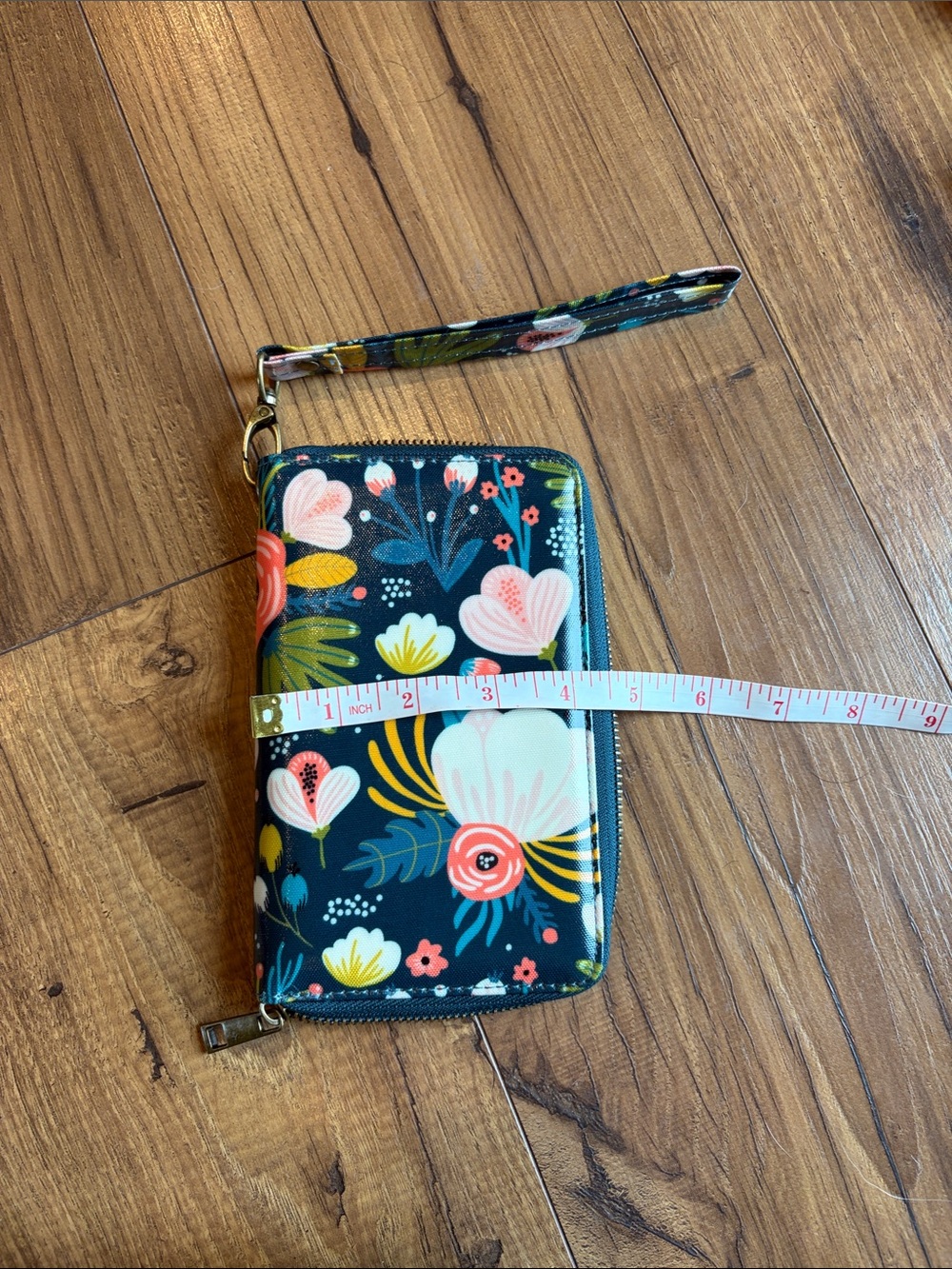 Wander Teal Floral Zip Wallet with Coral and Mustard Accents